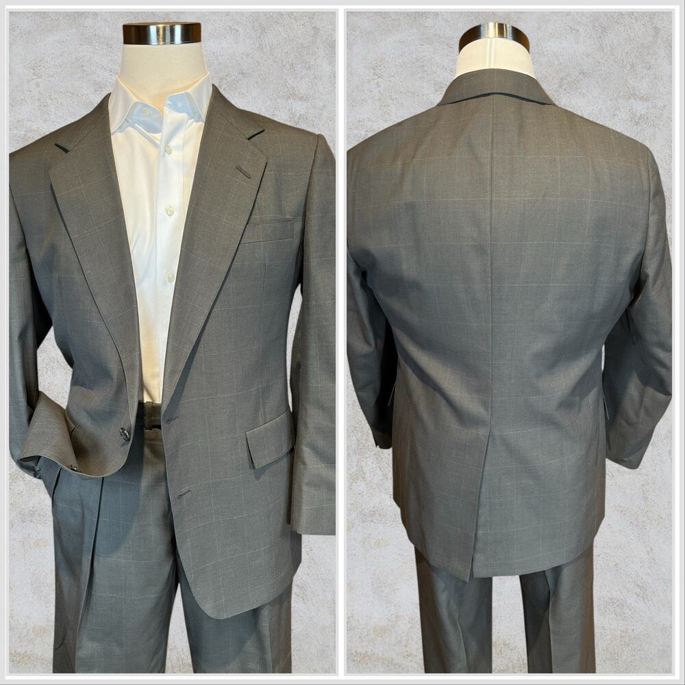 Vtg Hart Schaffner Marx 42R 34x29 Taupe Brown Plaid Classic Suit Viracle - Picture 2 of 16